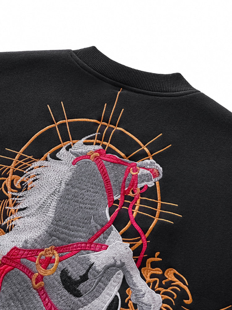 Huaxia Junpin Heavy Industry Embroidered Chinese Style Year of the Horse Embroidered Hooded Pullover Couple Sweatshirt Trendy Brand Jacket W302