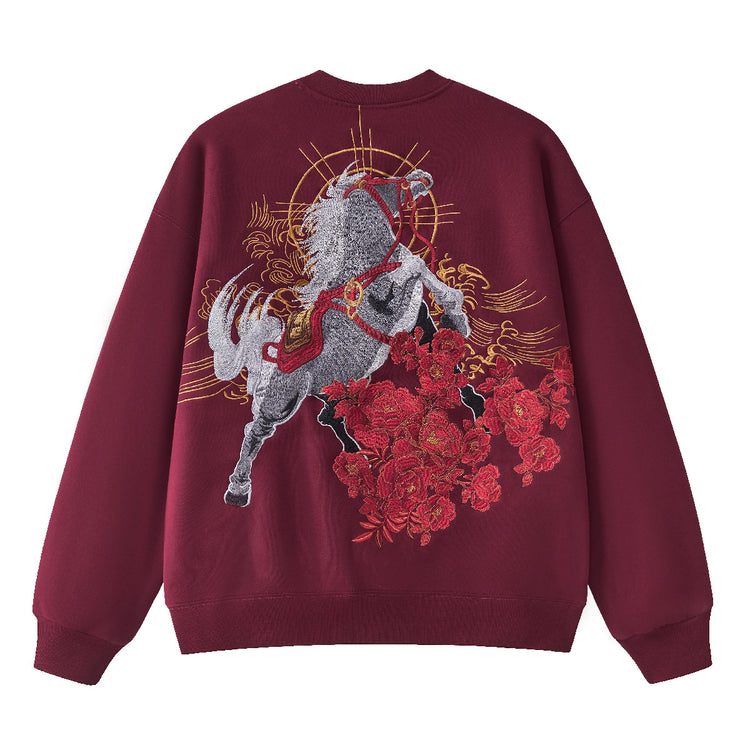 Huaxia Junpin Heavy Industry Embroidered Chinese Style Year of the Horse Embroidered Hooded Pullover Couple Sweatshirt Trendy Brand Jacket W302