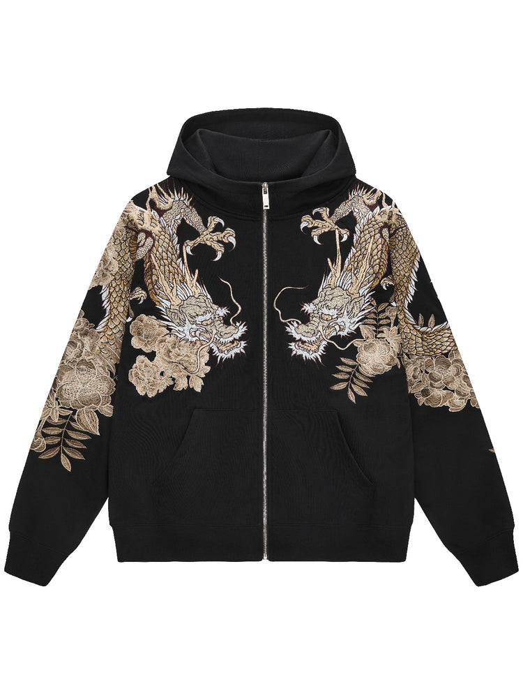Huaxia Junpin Chinese Style Embroidered Dragon Soaring Tiger Leaping Embroidered Hooded Cardigan Dragon and Tiger Fight Sweatshirt Street Jacket W026