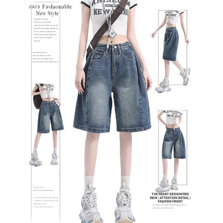 2026 American vintage casual relaxed denim five-point for men and women, new loose high street wide-leg mid-length pants trendy style